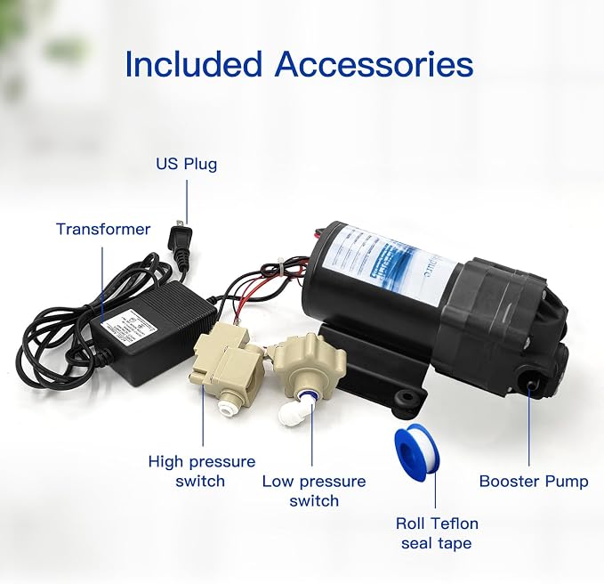 Geekpure Reverse Osmosis RO Booster Pump Kit 80-100 PSI | with Transformer + High and Low Pressure Switches + Fittings for 50-150 GPD RO System