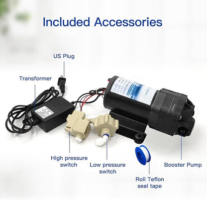 Geekpure Reverse Osmosis RO Booster Pump Kit 80-100 PSI | with Transformer + High and Low Pressure Switches + Fittings for 50-150 GPD RO System