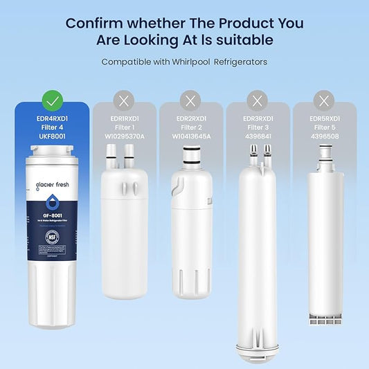 GLACIER FRESH UKF8001 Compatible with Whirlpool Refrigerator Water Filter 4, EDR4RXD1, EveryDrop Filter 4, 4396395, Maytag UKF8001, UKF8001AXX, WHR4RXD1, KAD4RXD1, 46-9006, Puriclean II, Pack of 2