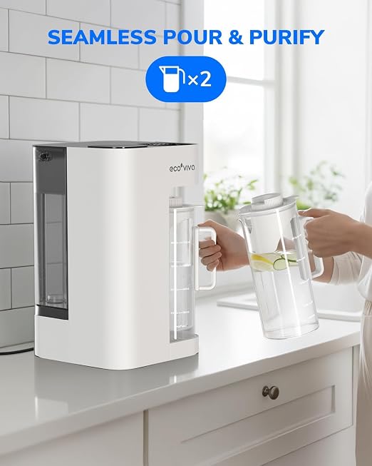 Ecoviva Mate 3 UV Countertop Reverse Osmosis Water Filter with 2 Auto-Fill Pitchers, 9-Stage RO Filtration System, Installation-Free, Reduces TDS, 3:1 Pure-to-Drain Ratio, Home & Kitchen, White
