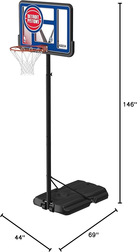 Lifetime NBA Detroit Pistons Portable Basketball Hoop, Adjustable Height 7.5-10 Ft, 44 Inch Shatterproof Fusion Backboard, Base with Wheels