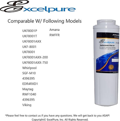 EXCELPURE UKF8001 Replacement for Whirlpool FILTER 4, EDR4RXD1, 4396395, WRX735SDBM00, RWF0900A, EFF-6007A, MFI2568AES, MFI2569VEM, RFC0900A, WF295, PURICLEAN II, Refrigerator Water Filter, 1PACK