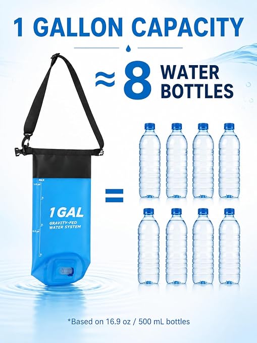 Gravity Water Filter System, TPU Water Purifier Bag, 0.01 Micron Ultrafiltration, 4000L Lifespan, BPA-Free Portable Water Filtration for Camping, Backpacking, Survival Gear (1 Gallon)