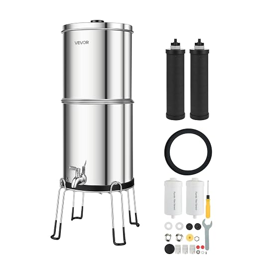 VEVOR Gravity-fed Water Filter System, 2.25G 304 Stainless-Steel Countertop Water Filtration System, Reduces Lead and up to 99% of Chlorine, w/ 2 Carbon Filter, 2 Defluorination Filter, Spigot, Stand