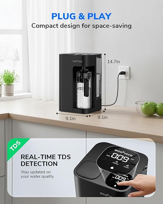 Ecoviva Mate 3 UV Countertop Reverse Osmosis Water Filter with 2 Auto-Fill Pitchers, 9-Stage RO Filtration System, Installation-Free, Reduces TDS, 3:1 Pure-to-Drain Ratio, Home & Kitchen, Black