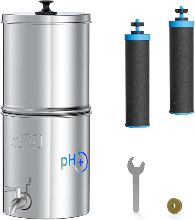 Waterdrop TK-AD Alkaline Gravity Water Filter System, Increase PH, Reduces Lead and Chlorine, with 2 Black Carbon Filters and Metal Spigot for Home, Camping, Travel, Emergencies, 2.25G