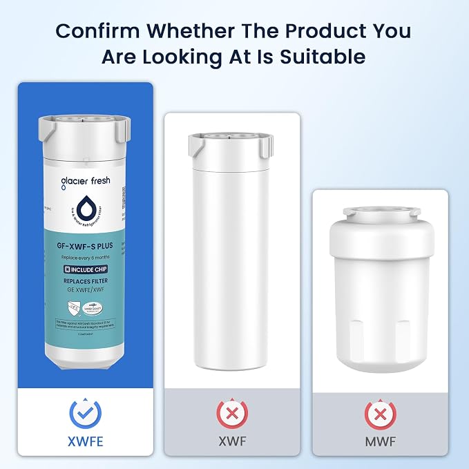 GLACIER FRESH Water Filter Compatible with XWFE (Built-in CHIP), Replacement for GE XWFE, XWF Refrigerator Water Filter NSF/ANSI 53 Certification Pack of 2 | Replacement for GE XWFE, XWF Refrigerator Water Filter NSF/ANSI 53 Certification