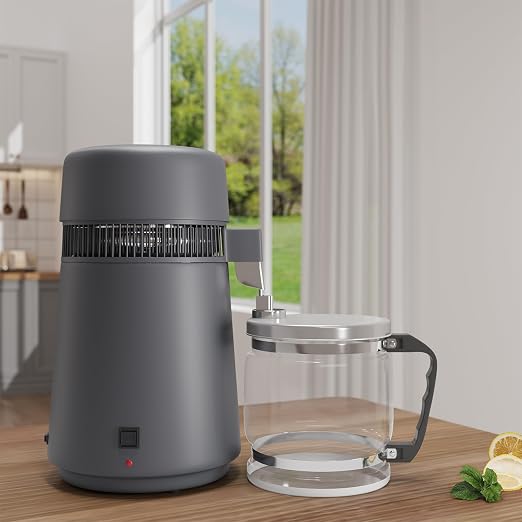 GarveeHome Water Distillers for Home Countertop, 1 gal/4 l Stainless Steel Distilled Water Machine with Glass Container, 750W Desktop Drinking Purifier Filter Distilling Kit, Gray