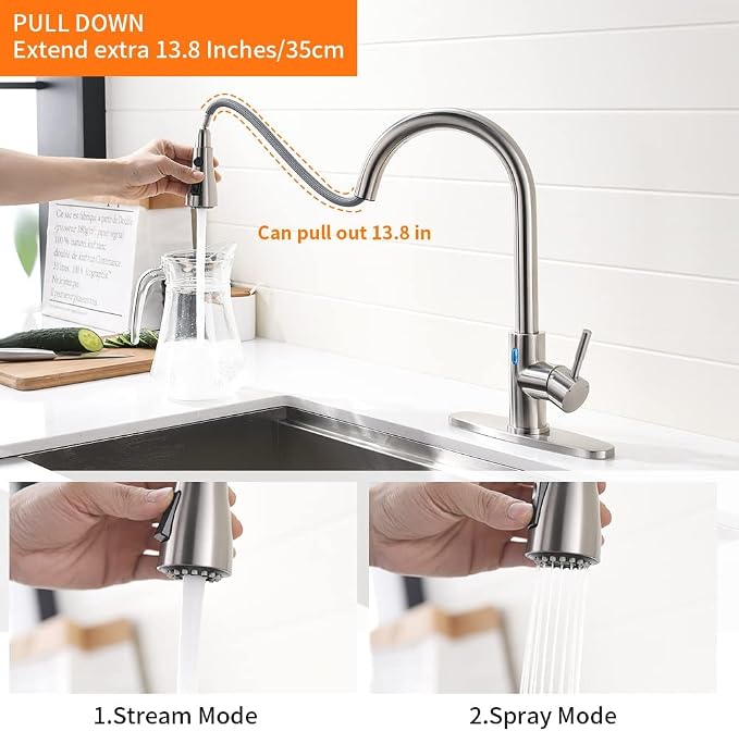 Touchless Kitchen Faucet with Pull Down Sprayer for Kitchen Sink, Single Handle Motion Sensor Faucet with LED Light and Dual-Function Spray, Hands-Free Brushed Nickel Stainless Steel