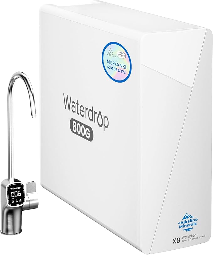 Waterdrop X8-WAN Alkaline Mineral Tankless Reverse Osmosis System, NSF/ANSI 42&58&372 Certified, 800 GPD RO Filter, 10-Stage Filtration Undersink RO System, 2:1 Pure to Drain, LED Faucet, BPA Free