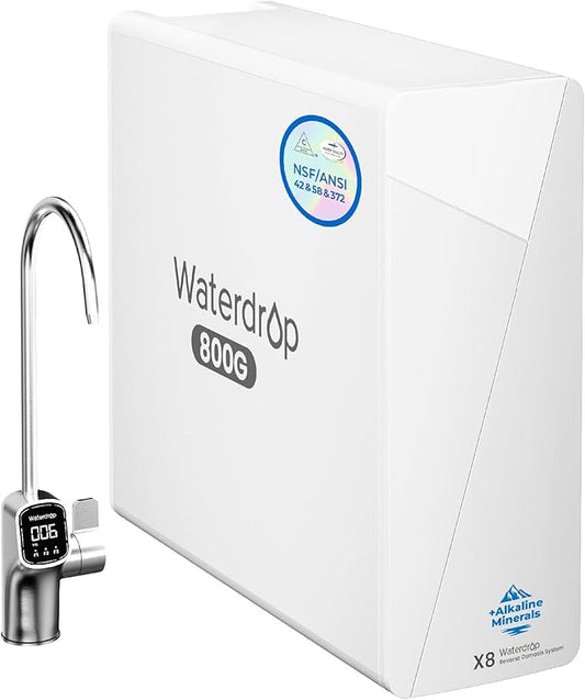 Waterdrop X8-WAN Alkaline Mineral Tankless Reverse Osmosis System, NSF/ANSI 42&58&372 Certified, 800 GPD RO Filter, 10-Stage Filtration Undersink RO System, 2:1 Pure to Drain, LED Faucet, BPA Free