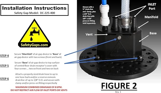 Water Softener Air Gap with 3/8", 1/2" and 5/8" Hose Inlet Ports with Adjustable Height for Floor Drain Cover (Safety Gaps Model Number: DC-225-400 Black)