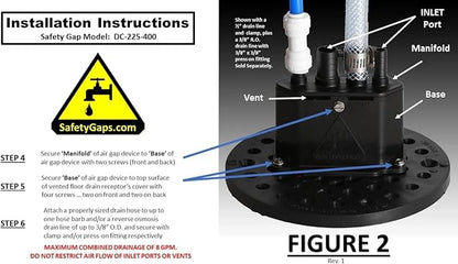 Water Softener Air Gap with 3/8", 1/2" and 5/8" Hose Inlet Ports with Adjustable Height for Floor Drain Cover (Safety Gaps Model Number: DC-225-400 Black)