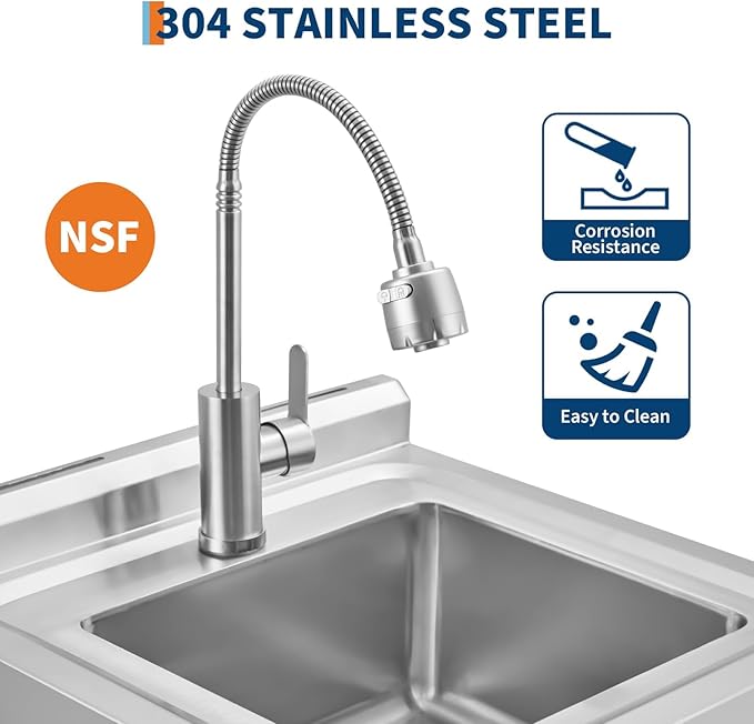 Garvee Stainless Steel Utility Sink with Faucet & Storage Shelf, 304 Single Bowl Freestanding Sink with Adjustable Legs, S-Hooks, Hot & Cold Water Pipes for Kitchen, Laundry, Garage, Farm, Outdoor Use