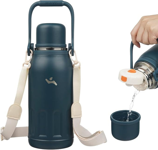 Konokyo Insulated Water Bottle with Handle and Strap,Vacuum Travel Tumbler with Cup Lid,Thermo Coffee Cup for Hot Cold Drinks 40 OZ,Navy Blue
