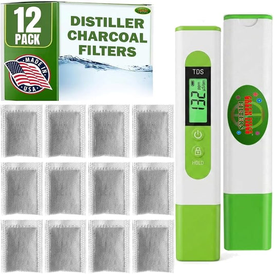Green Piece® 12 Pack Water Distiller Filters with TDS Meter | Activated Charcoal Carbon Sachets, Made in USA, Compatible with Megahome & Countertop Distillers