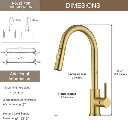 Tohlar Gold Kitchen Faucet with Pull Down Sprayer, Gold Kitchen Sink Faucet for 1 or 3 Hole, Modern Stainless Steel Sink Faucet with Deck Plate for Farmhouse Laundry Rv, Brushed Gold