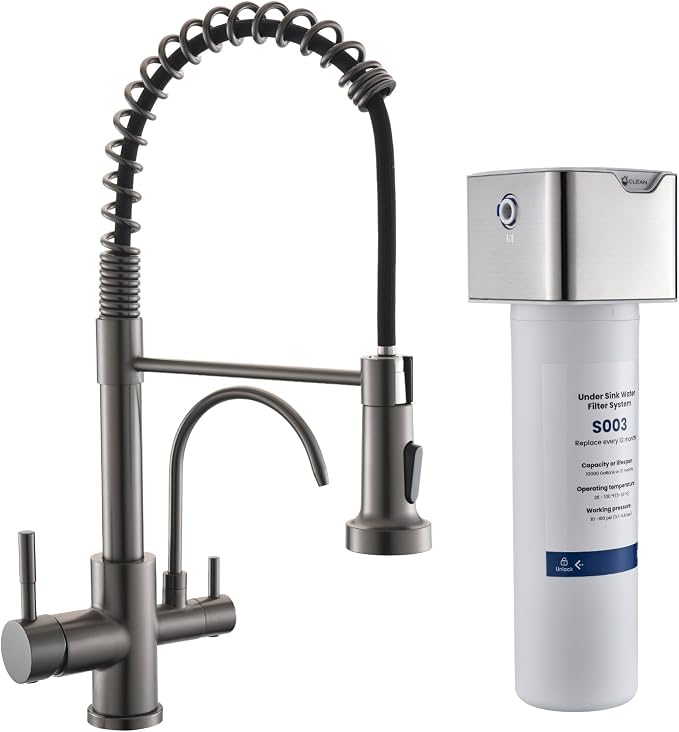 GIMILI 3 in 1 Kitchen Faucet with Pull Down Sprayer Black Stainless Two Handle Kitchen Sink Faucet with Under Sink Water Filter System Reduces PFAS, PFOA/PFOS, Lead, Chlorine, Bad Taste & Odor