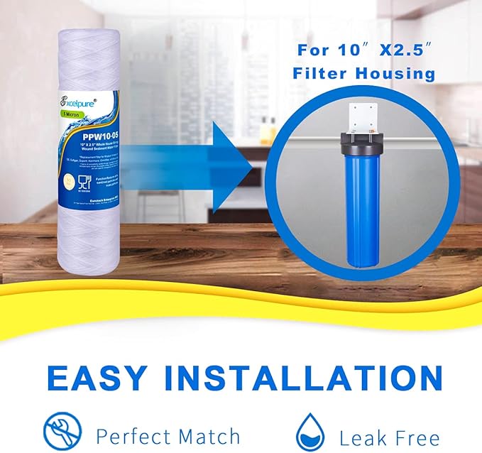 EXCELPURE 5 Micron 10"x2.5" Whole House String Wound Sediment Filter for Well Water, Replacement Cartridge for Universal 10 inch RO System, WP-5, Aqua-Pure AP110, CFS110, Culligan P5, CW-MF, 4PACK