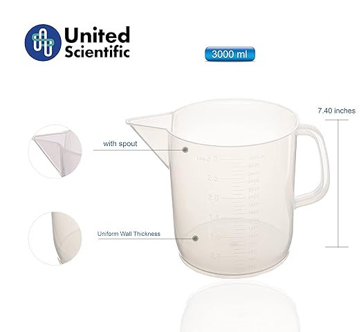 United Scientific™ Polypropylene Pitchers 81124 | Polypropylene Short Form Pitchers | 3000ml Capacity | 100ml Graduations| Beakers with handle spout | 3000ML (Pack of 6)