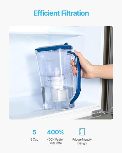 VEVOR Water Filter Pitcher, 9 Cup 5-Stage Water Filter Dispenser, Fast Filtration System with Filter Change Indicator, No BPA, Lasts 3 Months or 40 Gallons, Reduces Limescale, Lead, Chlorine, Odors