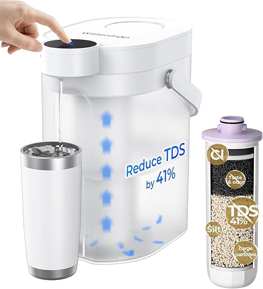 Waterdrop ED25TW Rechargeable Water Filter Dispenser, TDS Reduction，Retain Key Minerals, Instantly Improve Flavor, 15-Cup 5-Stage Portable Countertop Water Filtration System with 1 Filter, White