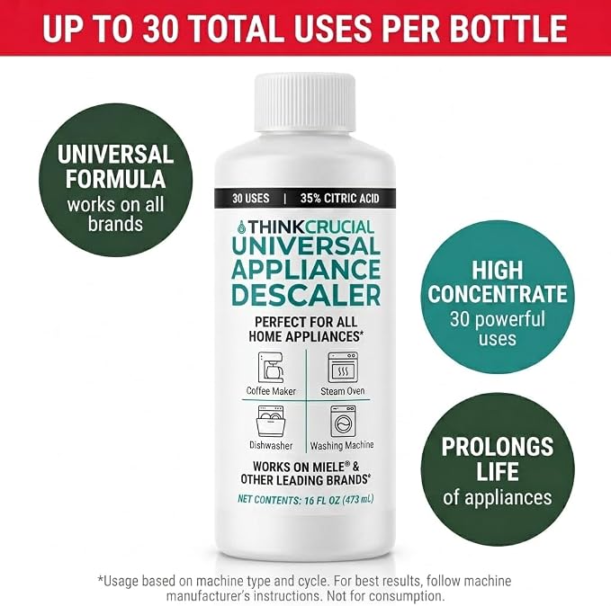 Think Crucial Universal Descaling Concentrate Compatible with Miele Coffee Machines, Steam Ovens, Washers, Dishwashers – 30 Uses, 35% Citric Acid – 16 fl oz