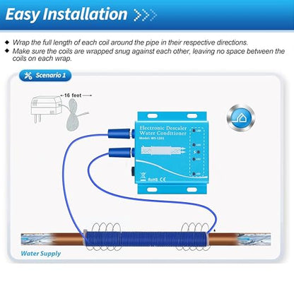 Electronic Water Descaler System, Whole House Water Softener Alternative, No Salt, Limescale Prevention (Blue)