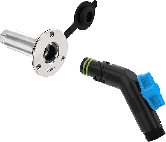 Aquor RV City Water Inlet, Quick Connect RV Water Inlet Replacement for Motorhome, Camper, and Trailer, Stainless Steel Flush-Mount, Black Cover, ½” NPT (f) x ¾” GHT (m)