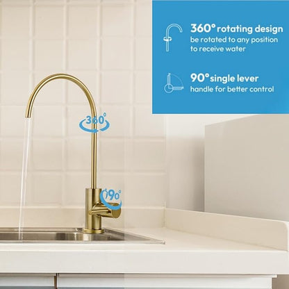 Brass RO Faucet - 360° Swivel Drinking Water Faucet for Kitchen Sink, Lead-Free Water Filter Faucet Compatible with Reverse Osmosis & Under Sink Filtration Systems, Elegant Brushed Gold Finish
