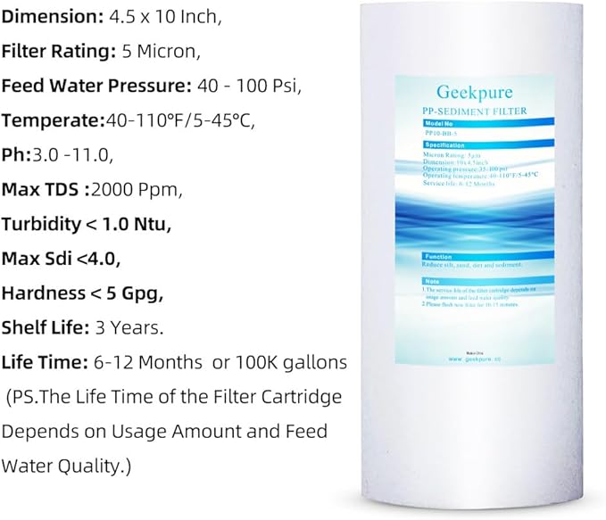 Geekpure 10 Inch Whole House PP Sediment Replacement Water Filter Cartridge-4.5" x 10"-5 Micron-Pack of 4