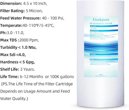 Geekpure 10 Inch Whole House Replacement Water Filters Set w/PP and Carbon Block -4.5"x 10"-5 Micron-Pack of 4
