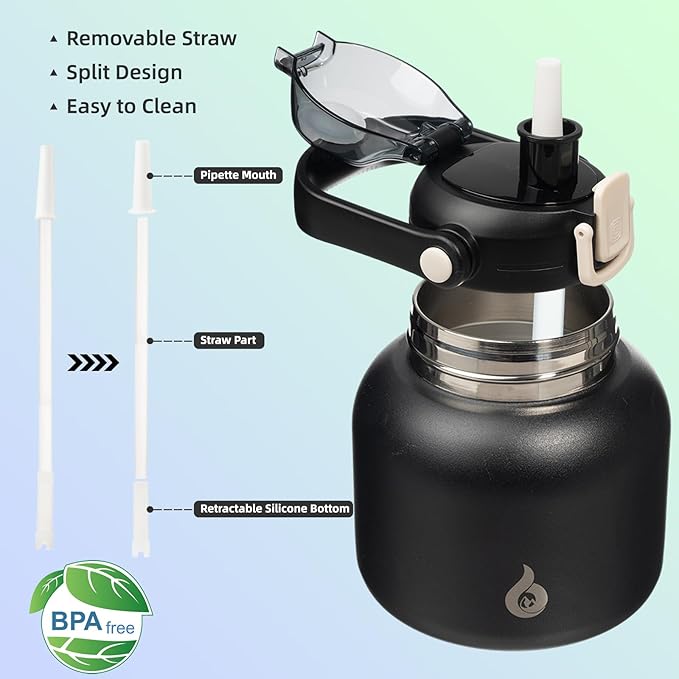 BJPKPK Insulated Water Bottles with Straw, 27 oz Cute Water Bottles with Handle, BPA Free Stainless Steel Metal Jug, Easy Carry Flasks for Men & Women, Black