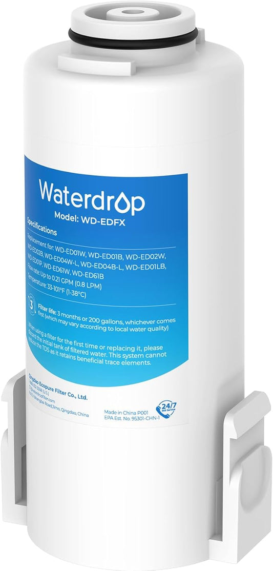 Waterdrop EDFX Water Filter Replacement for Waterdrop ED61 Rechargeable Water Filter Dispenser, 200-Gallon Long-Life, 10X Filtration Efficiency, Reduce 98% Chlorine and 20+ Contaminants, 1 Pack