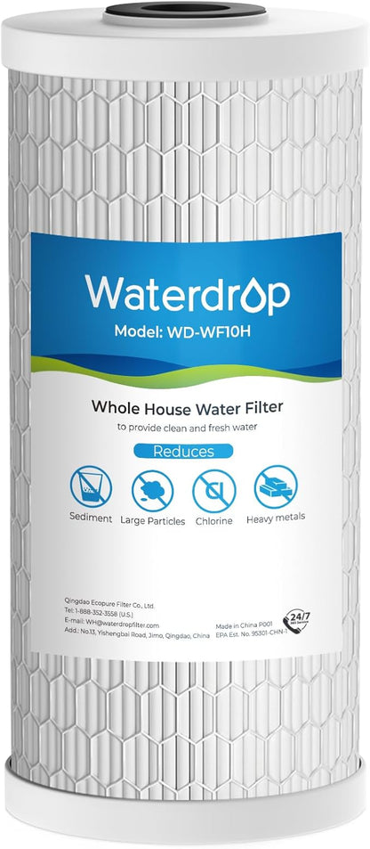 Waterdrop Whole House Water Filter, Sediment Filter Reduce Heavy Metal Filter Cartridge, Replacement for GE® FXHTC, GXWH40L, iSpring, Culligan® RFC-BBSA, Whirlpool®, Any 10" x 4.5" System, 5 Micron
