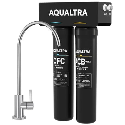 AQUALTRA USF-2F-15 Slightly Alkaline Under Sink Filter System, 28K Gal with Faucet, Reduce PFOA, PFOS, Chlorine, Lead, Mercury, Chloramine, Fluoride, Microplastics Particles, Bad Taste & Odor