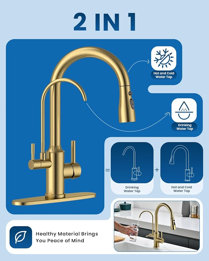 DAYONE Gold Kitchen Faucet with Drinking Purfied Water Faucet, High Arc 3 in 1 Sink Tap Stainless Steel 1 Holes, Two-Handle 3-Way Pull Down Sprayer, (Without System)