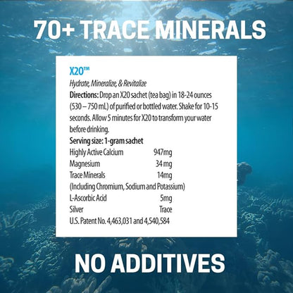 X2O Flavorless Drop-In Mineral Bags for Alkaline & Hydrogen Water – 30 Count | Alkalize Filtered Water | Add 70+ Ionic Trace Minerals for Cellular Hydration, Balanced pH, and Electrolytes