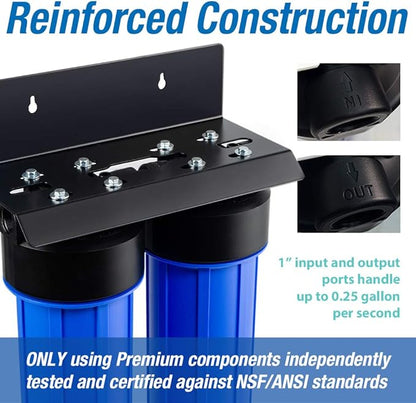 iSpring WGB22B-PB+AHPF12MNPT16X2 2-Stage Whole House Water Filtration System with 20” x 4.5” Carbon Block and Lead Reducing Filters and 3/4" Push-fit Stainless Steel Hose Connectors, Blue