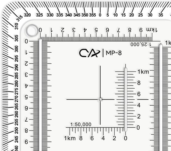 CYA MP-8 Square Military Map Coordinate Scale Protractor - 7x7cm UTM Tool | Square 7x7cm UTM map protractor for 1:24k, 1:25k & 1:50k scales. Features degree compass rose & white edge for navigation.