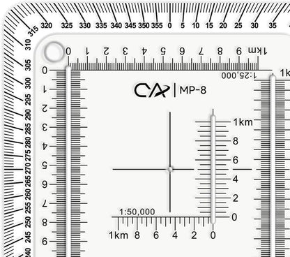 CYA MP-8 Square Military Map Coordinate Scale Protractor - 7x7cm UTM Tool | Square 7x7cm UTM map protractor for 1:24k, 1:25k & 1:50k scales. Features degree compass rose & white edge for navigation.