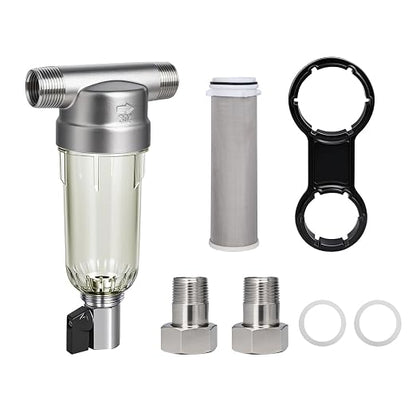 304 Stainless Steel 40 Micron Spin Down Water Filter, Whole House Spin Down Sediment Water Filter, Reusable Flushable Pre-Filtration System, 1" MNPT + 3/4" FNPT+3/4MNPT, BPA Free