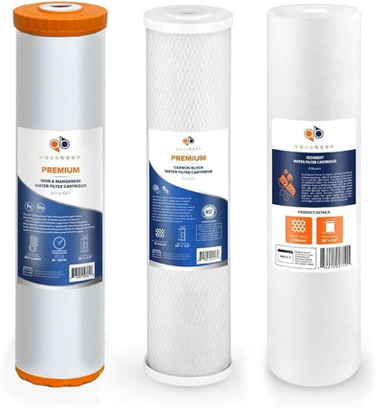 Aquaboon 5 Micron 20 x 4.5 Whole House Water Filter Replacement Cartridge Set: Sediment, Iron & Manganese, CTO for 3-Stage Water Filtration System 1 Pack