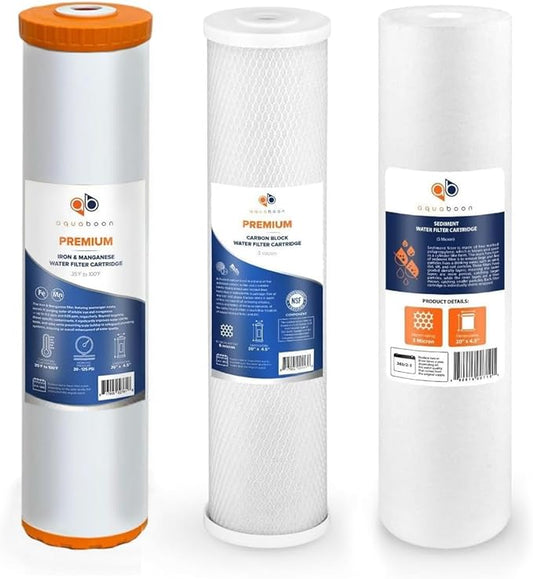 Aquaboon 5 Micron 20 x 4.5 Whole House Water Filter Replacement Cartridge Set: Sediment, Iron & Manganese, CTO for 3-Stage Water Filtration System 1 Pack
