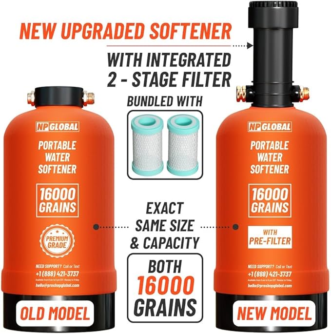 RV Water Softener Portable with Integrated 2 Stage Water Filter System - 16,000 Grain, 3/4" GHT Fittings, Convenient Water Softener for RVs, Trailers, Boats, Mobile Car Washing, Pressure Washing