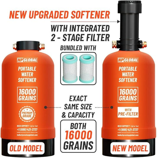 RV Water Softener Portable with Integrated 2 Stage Water Filter System - 16,000 Grain, 3/4" GHT Fittings, Convenient Water Softener for RVs, Trailers, Boats, Mobile Car Washing, Pressure Washing