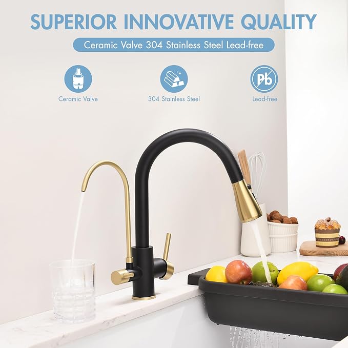 GIMILI Black and Gold 3 in 1 Kitchen Faucet with Under Sink Water Filter System, Reduces Lead, Chlorine, Bad Taste & Odor, Kitchen Sink Faucet with Drinking Water Faucet