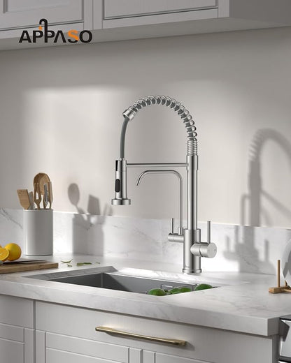 APPASO 3 in 1 Kitchen Faucet with Water Filter Brushed Nickel | 20 Inches High Arc Upgraded Separate Drinking Water 2 Handle 3 Way Kitchen Water Filter Faucet (Without Filtration Device)
