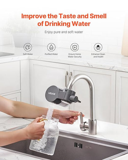VEVOR Faucet Mount Water Filter, Horizontal Water Purifier for Sink Tap, Carbon Fiber Filters, Removes Chlorine Lead with 1 Filter, Fits Most Kitchen or Bathroom Faucets, Gray