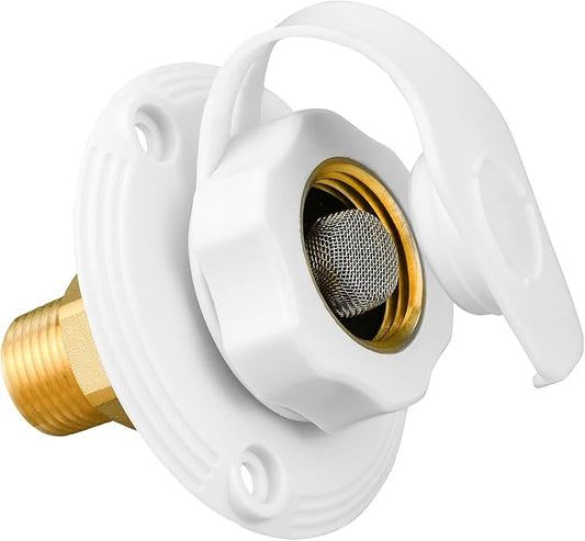 RV City Water Inlet, 3/4 NH to 1/2 NPT, White | Brass check valve with 3 in flange, dust cap and 3/4 NH to 1/2 NPT threads for RV, camper, trailer and marine use.